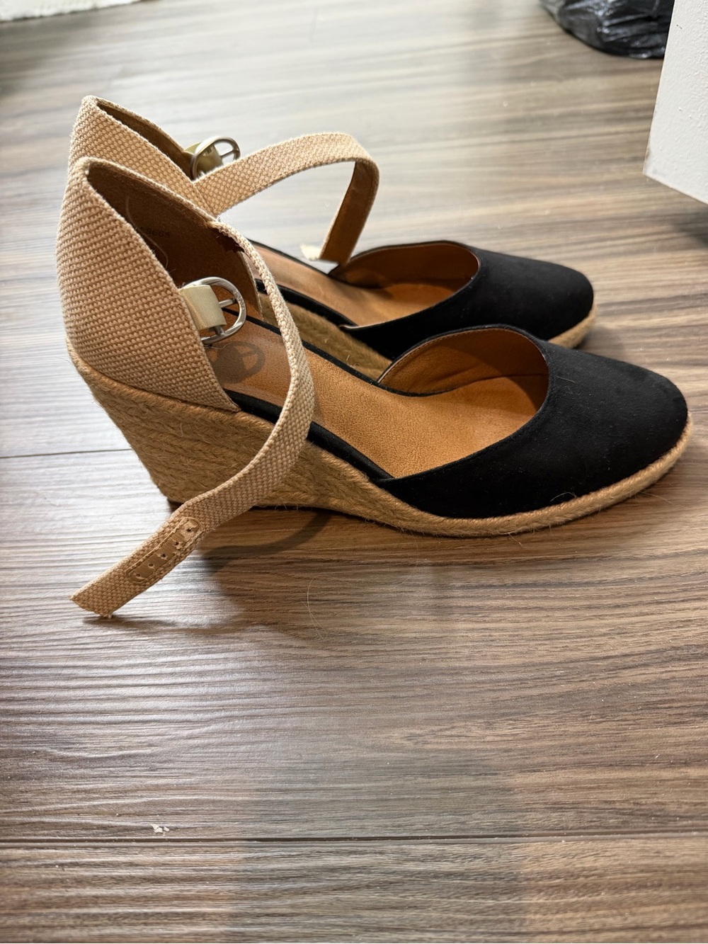 Wedge Espadrille Ankle-Strap Heels in Black and Tan